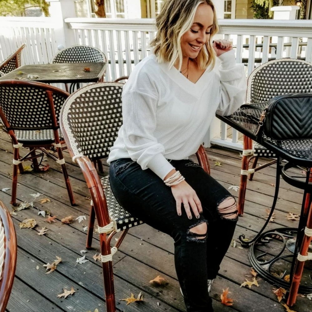 New V neck Slouchy Waffle Knit Sweater Top - Picture 2 of 3